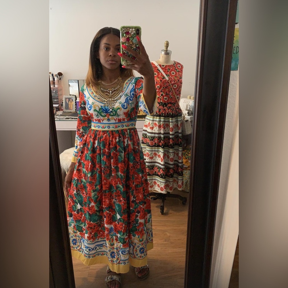 SHEIN Floral Long Sleeve Dress - Red and Green